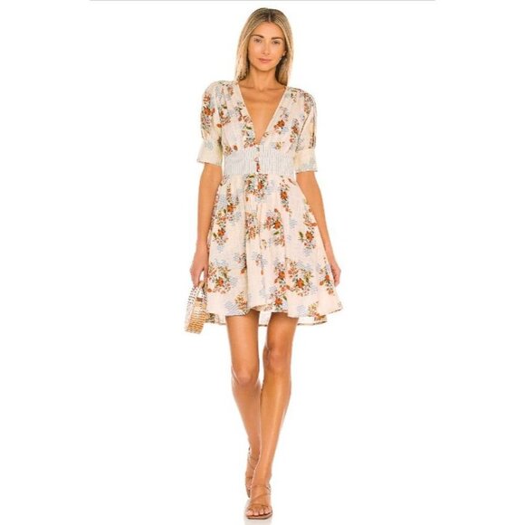 Agua Bendita Menta Sunbaze Floral Print Pleated Mini Dress Beige Size - Picture 1 of 9